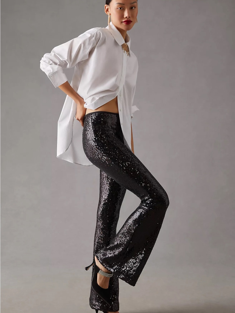 Anthropologie Black Sequin Flare Pants